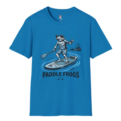 A bright sapphire blue crewneck t-shirt featuring a graphic of a frog paddleboarding with the text 'PADDLE FROGS' printed below, displayed on a clean white background.