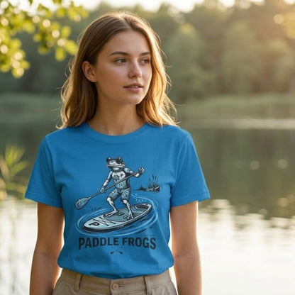 A woman wearing a bright sapphire blue graphic t-shirt with a frog paddleboarding design and the text 'PADDLE FROGS' printed on the front, set against a blurred outdoor lake background.