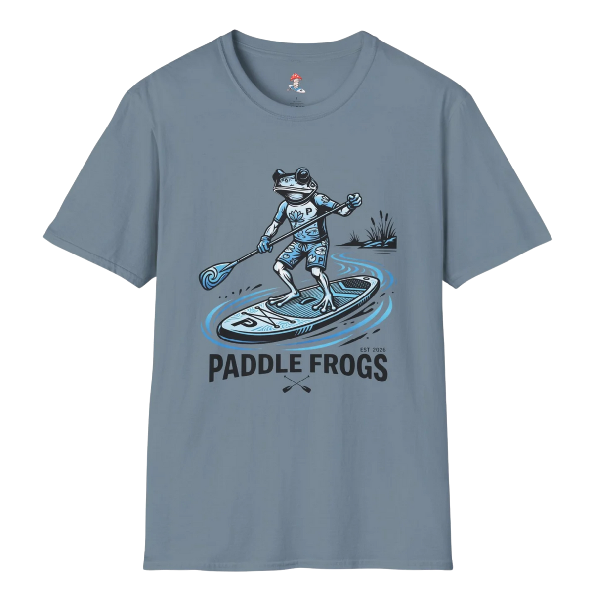 A slate  or stone blue crewneck t-shirt featuring a graphic of a frog paddleboarding on water with the text 'PADDLE FROGS' printed below.