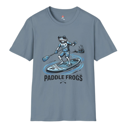 A slate  or stone blue crewneck t-shirt featuring a graphic of a frog paddleboarding on water with the text 'PADDLE FROGS' printed below.