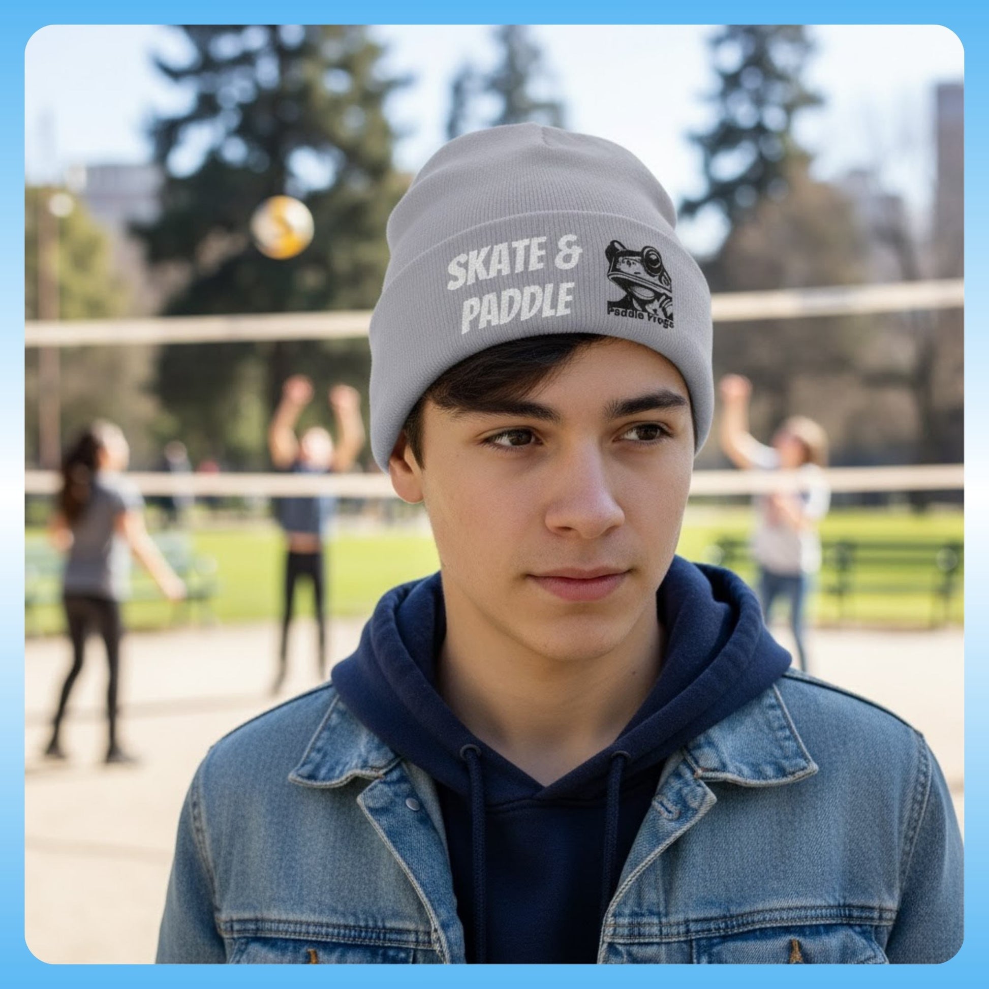 Paddle Frogs Skate & Paddle Gray Knit Beanie boy at the park