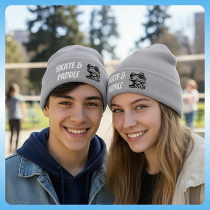 Paddle Frogs Skate & Paddle Gray Knit Beanie girl and boy meet up at the beach volleyball at city park