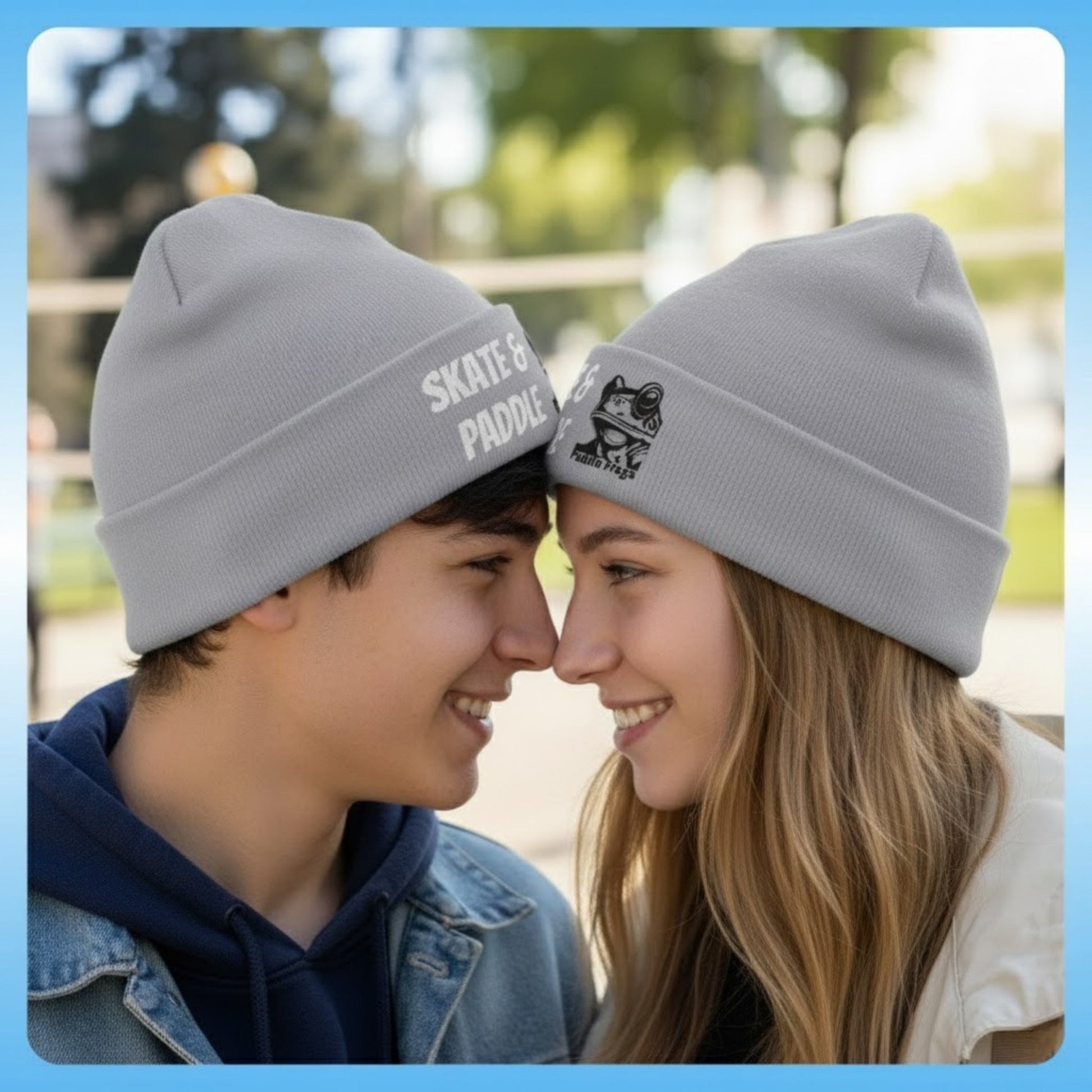 Paddle Frogs Skate & Paddle Gray Knit Beanie girl and boy meet up in love