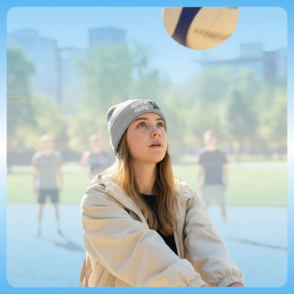 Paddle Frogs Skate & Paddle Gray Knit Beanie girl playing volleyball in a park with a blurred background