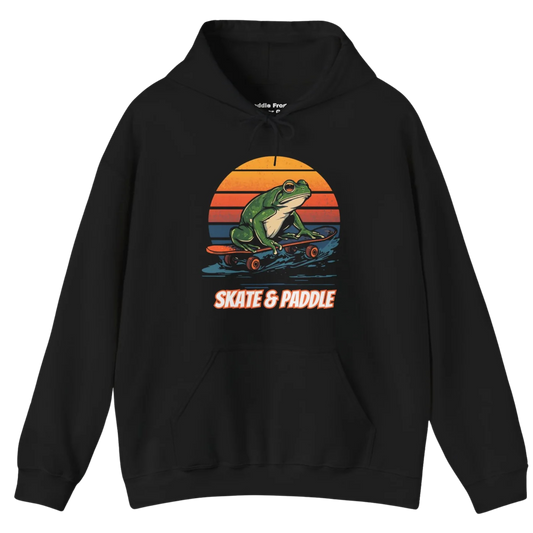Retro Black hoodie with a graphic of a frog on a skateboard and 'Skate & Paddle' text against a sunset | Paddle Frogs™ Outdoor Gear