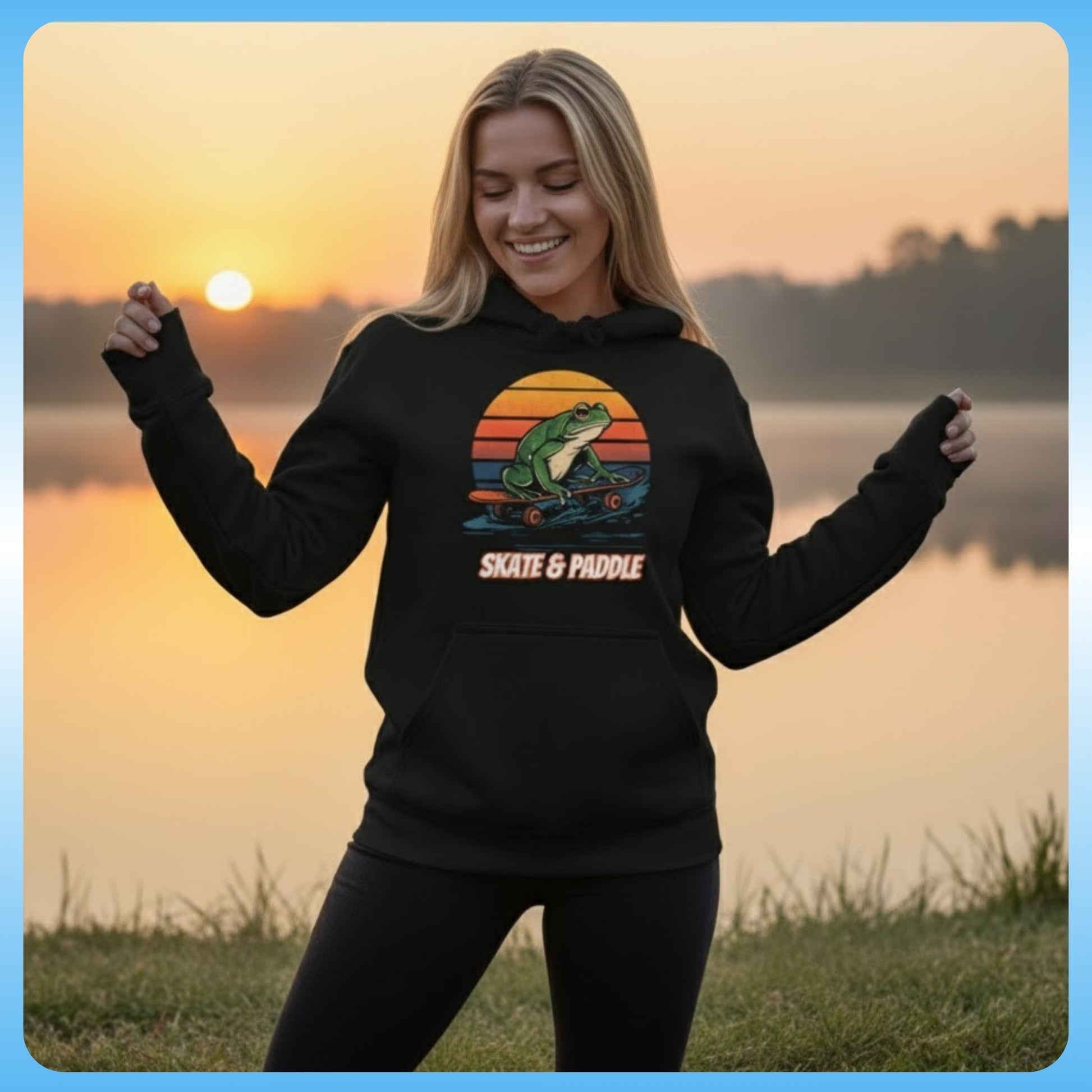 Paddle Frogs™ Skate & Paddle Hoodie | Poetic Balance Black Retro dancing at the lake