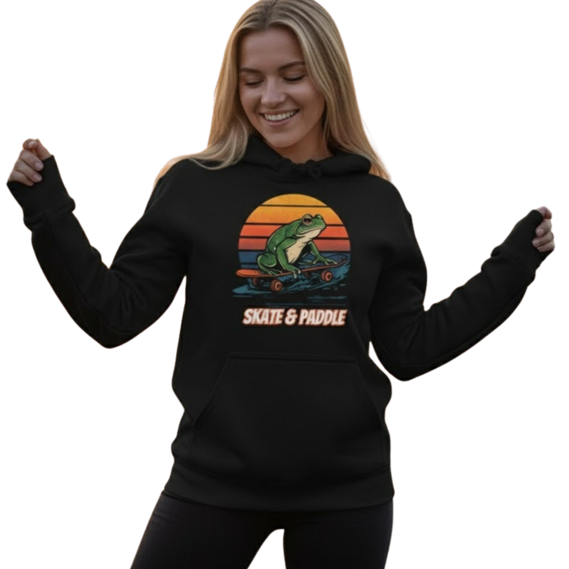 Paddle Frogs™ Skate & Paddle Hoodie | Poetic Balance Black Retro on a transparent background