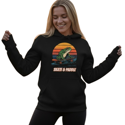 Paddle Frogs™ Skate & Paddle Hoodie | Poetic Balance Black Retro on a transparent background