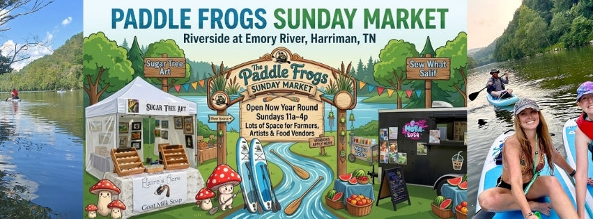 Promotional banner for Paddle Frogs Sunday Market, showing a colorful illustrated scene with a river, forest, market stalls, and people on paddleboards on the right side.