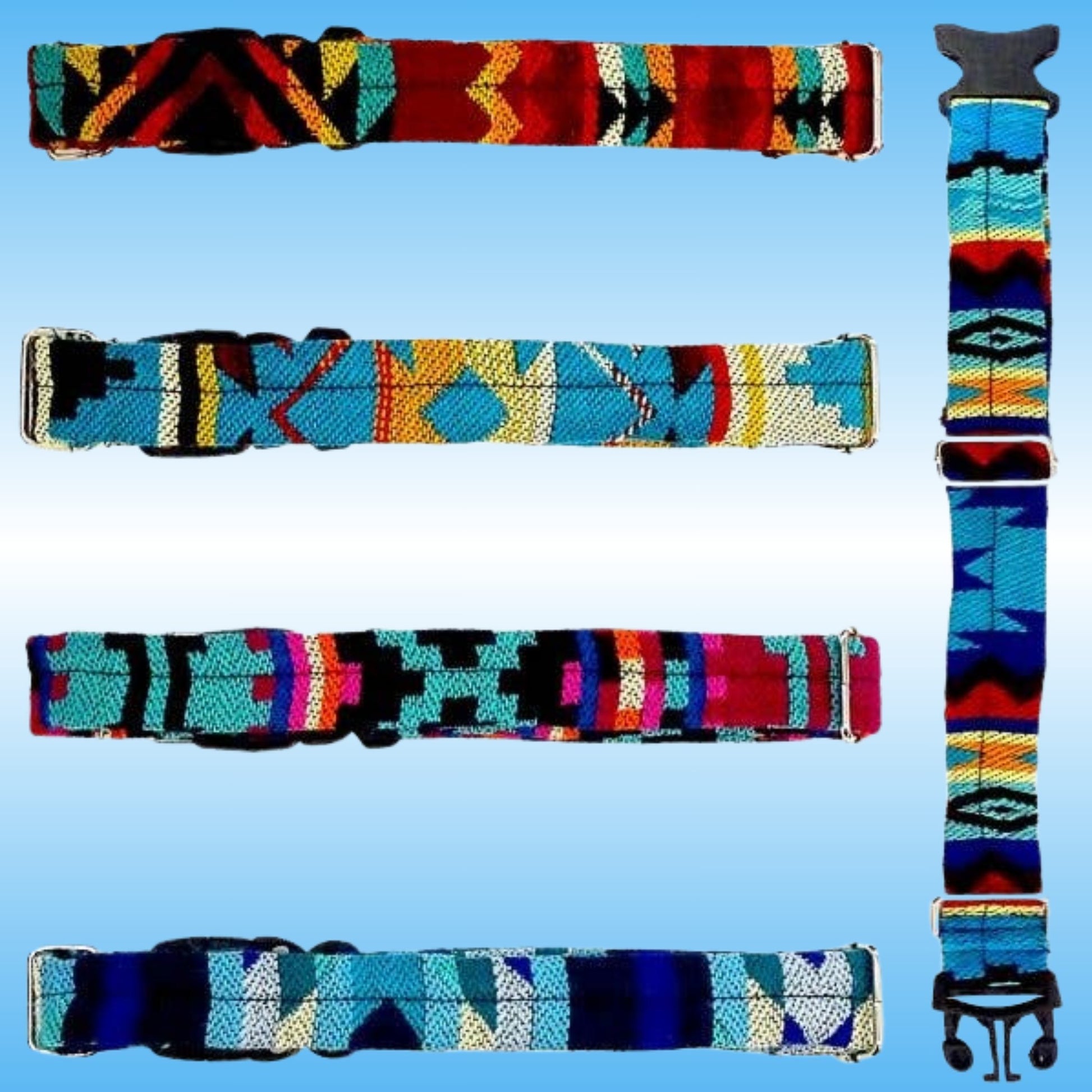 Four colorful woven pet collars with geometric Southwestern-style patterns, shown on a light blue gradient background. The collars feature various color combinations including red, blue, turquoise, yellow, black, and pink, with black plastic buckles.