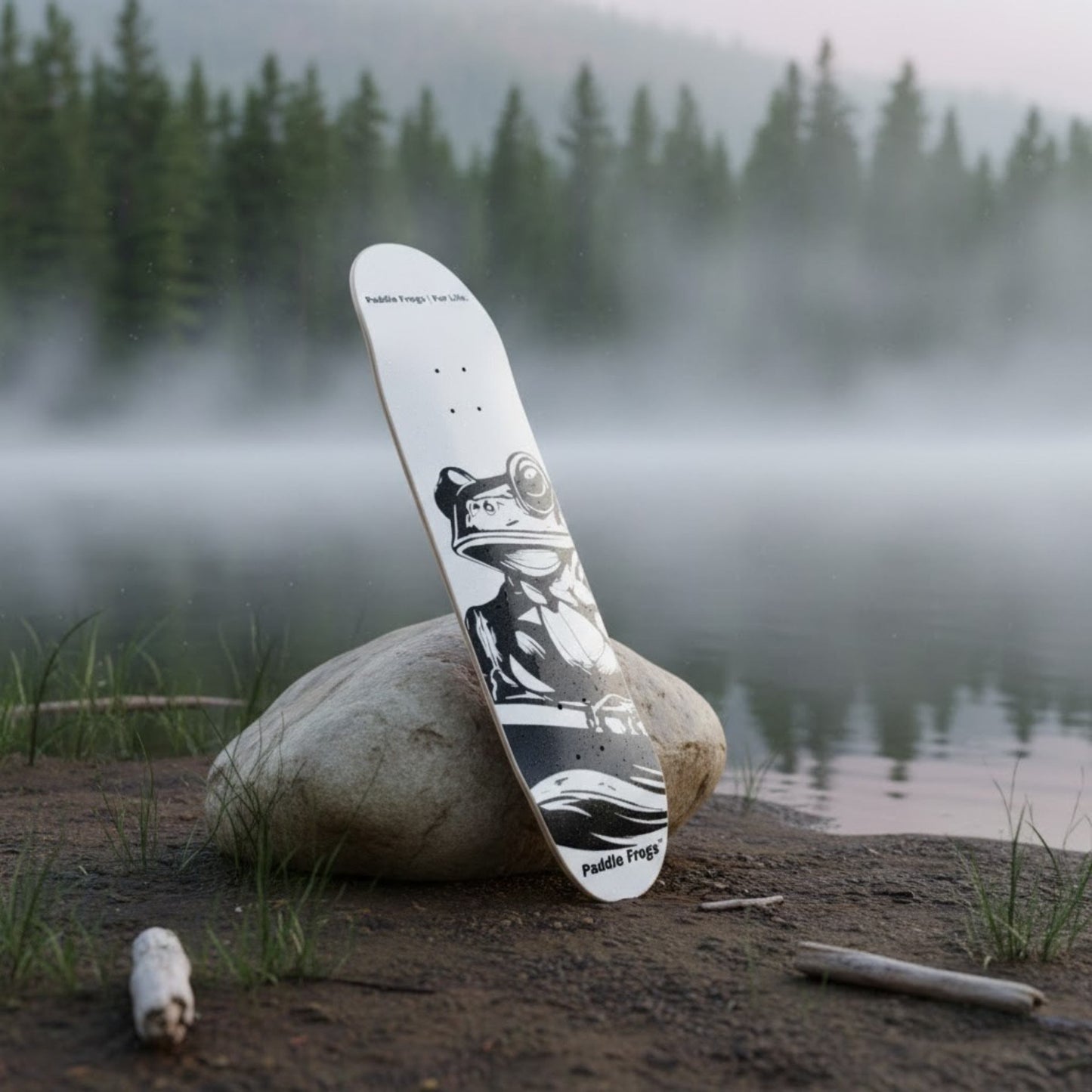 Paddle Frogs™ | White Edition 8.25 leaning on river stone lakeside 