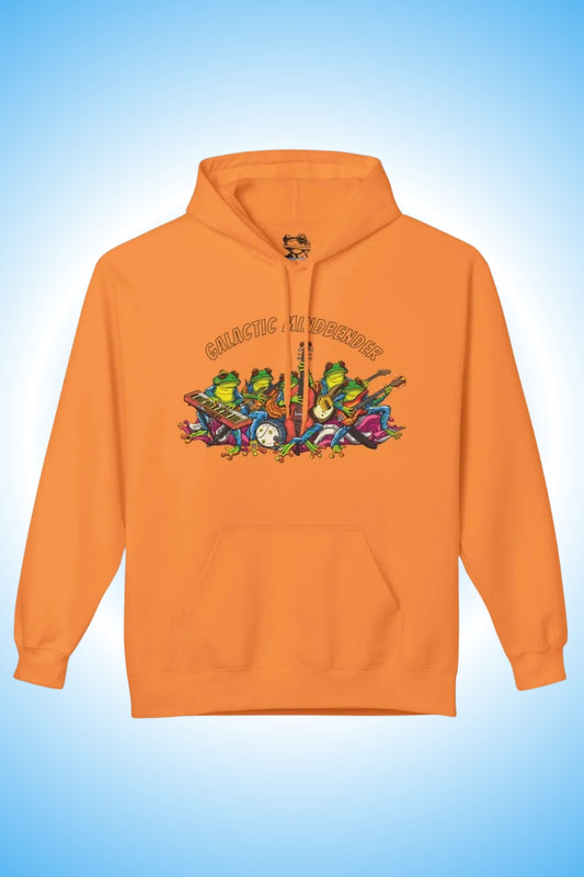 An orange pullover hoodie with a colorful graphic of cartoon frogs playing musical instruments.  Paddle Frogs Outdoor Gear