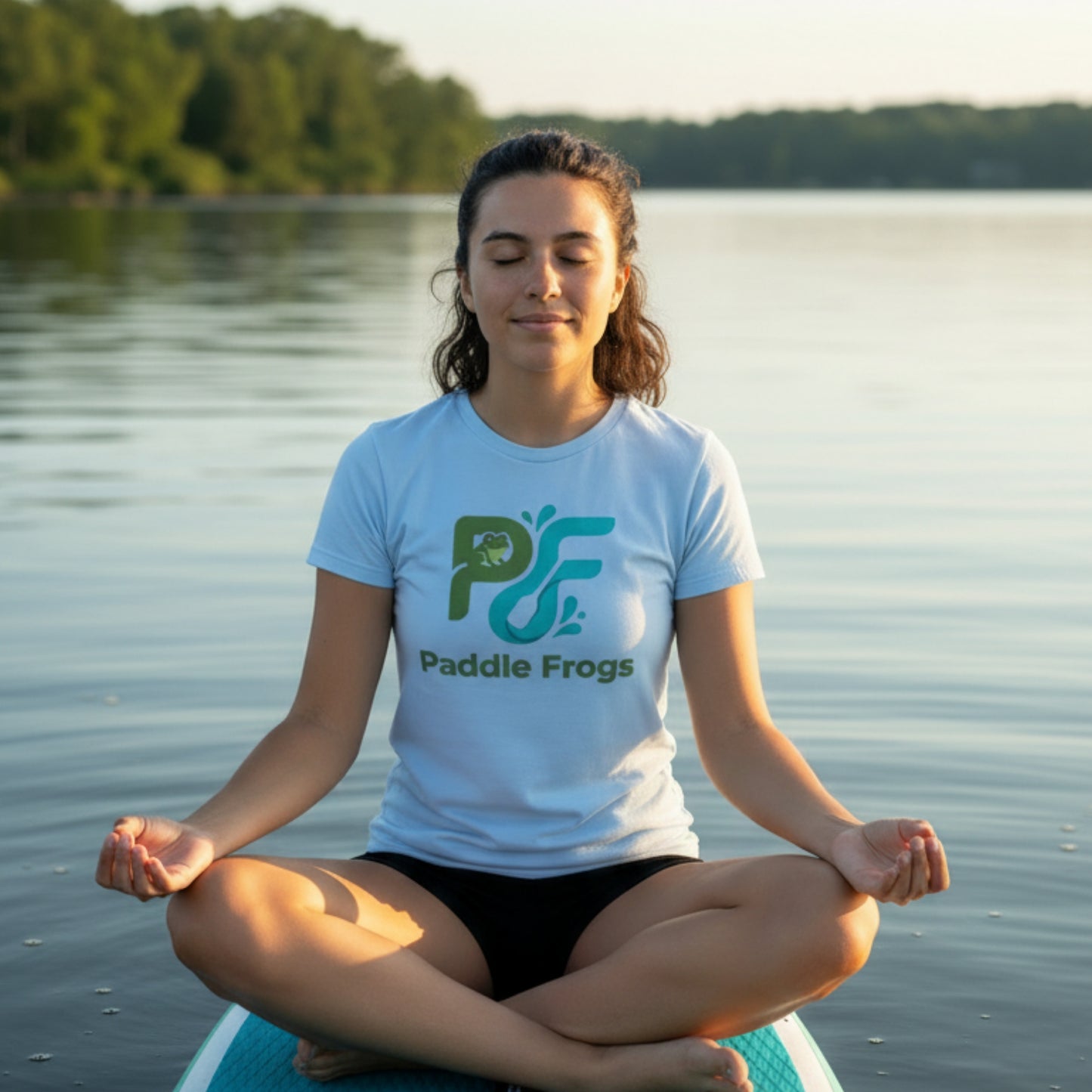 A woman meditating cross-legged on a paddleboard on a calm lake, wearing a light blue t-shirt with a green and black 'Paddle Frogs' logo.