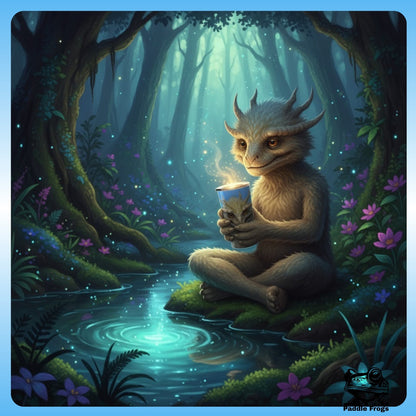 Paddle Frogs  Zacharias with his 20oz Tumbler - Fantasy creature sitting by a mystical forest pool holding a glowing cup.