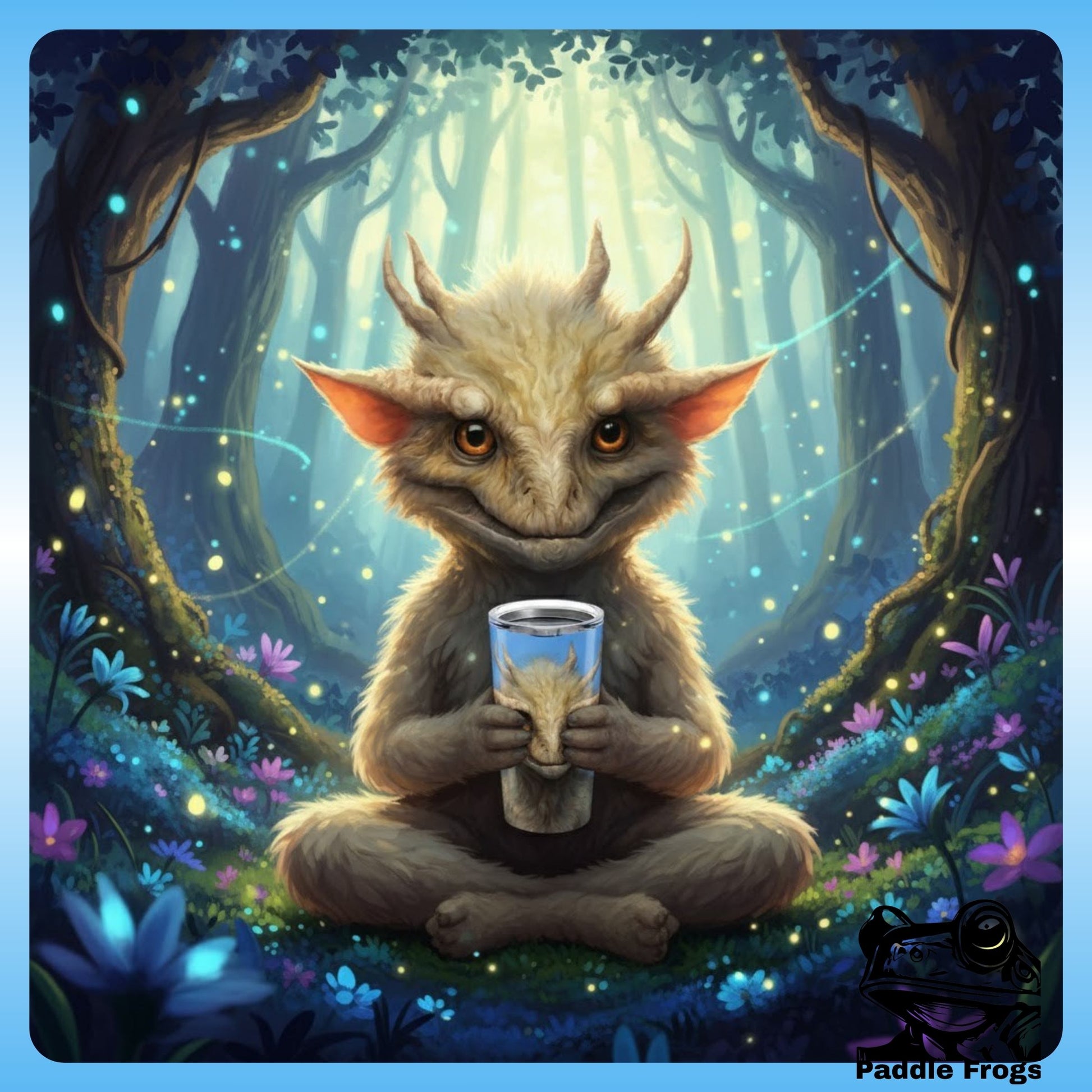 Paddle Frogs  Zacharias with his 20oz Tumbler at the garden of bliss - Fantasy creature holding a cup in a magical forest with glowing lights and flowers.