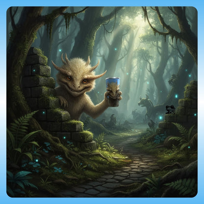 Paddle Frogs  Zacharias with his 20oz Tumbler at the mossy walls of time -Fantasy creature holding a glowing blue cup in a mystical forest