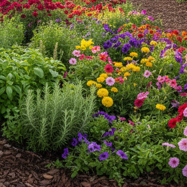 Garden with various plants and flowers in natural mulch