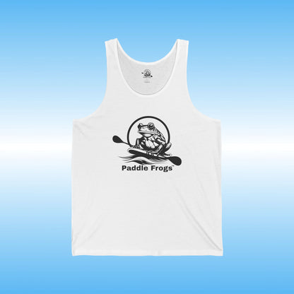 Paddle Frogs men's White tank top with 'Paddle Frogs' logo on a blue background