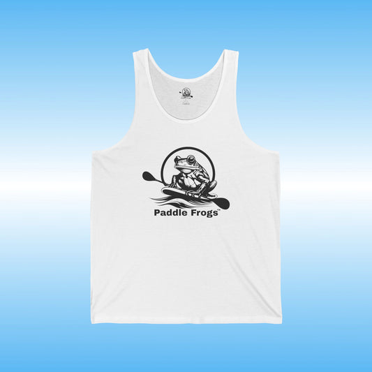 Paddle Frogs men's White tank top with 'Paddle Frogs' logo on a blue background
