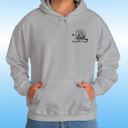 Paddle Frogs original Hoodie in multiple colors Paddle boarding frog Person man wearing a heather gray hoodie with a logo on a blue background