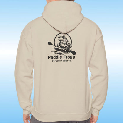 Paddle Frogs original Hoodie in multiple colors Paddle boarding frog Person man wearing a sand tan hoodie with a logo on a blue background