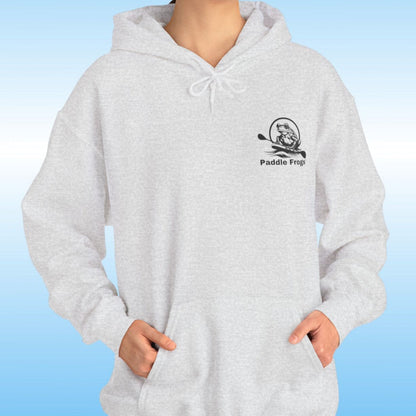 Paddle Frogs original Hoodie in multiple colors Person wearing a light heather grey hoodie with a logo on a blue background