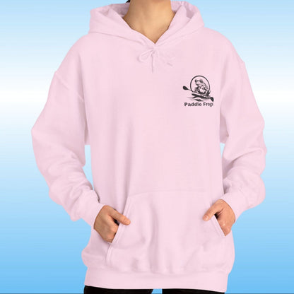 Paddle Frogs original Hoodie in multiple colors Person wearing a light pink hoodie with a paddle boarding frog logo on a blue background