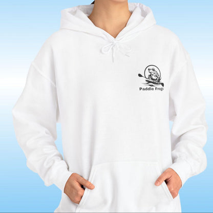 Paddle Frogs original Hoodie in multiple colors Person wearing a white hoodie with a logo on a blue background