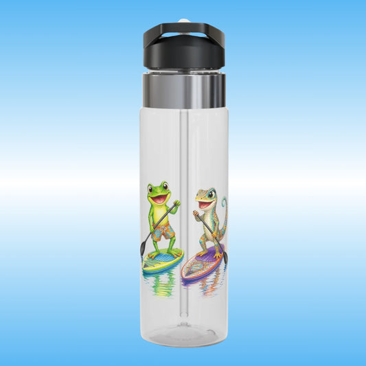 A clear plastic water bottle with a black and silver lid, featuring a colorful illustration of a lizard and a frog paddleboarding on a blue gradient background.