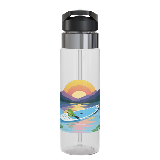 Clear water bottle with a Paddle Frogs paddleboard design on a transparent background