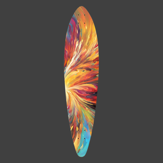 Paint Swirl Pintail longboard. Its vibrant, abstract design will turn heads while its classic pintail shape provides stability and maneuverability. 7-Layer 100% American Maple Skate Deck by Paddle Frogs