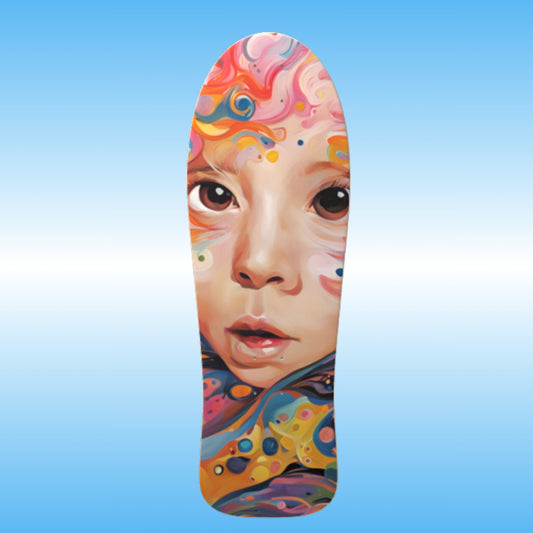 Painted Beauty retro classic skateboard deck by Paddle Frogs | creative Artwork  | Skateboard deck with a colorful design of a child's face on a blue background