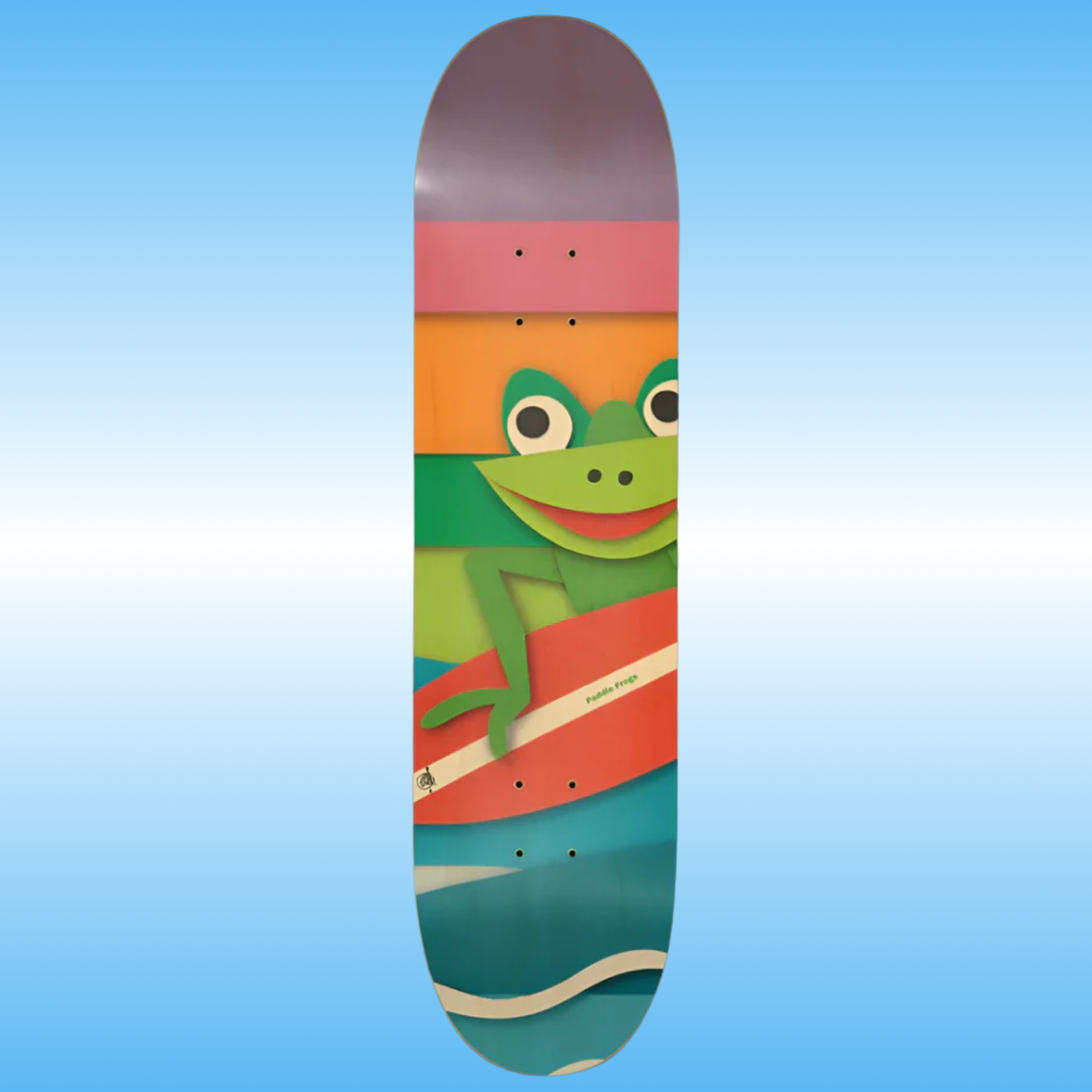 Paper Mache Surf Frog | Skateboard deck with a colorful frog design on a blue background