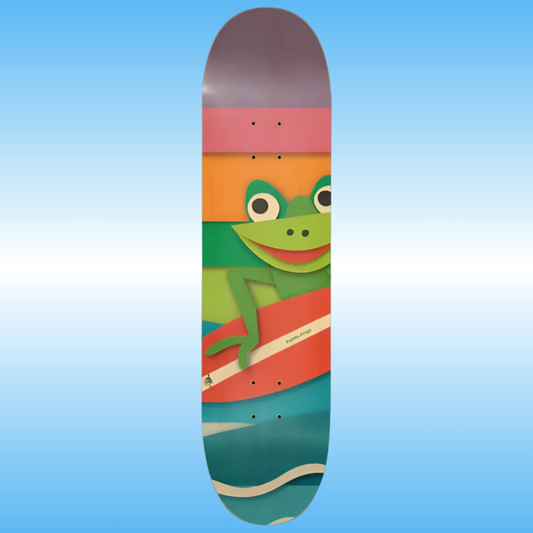 Paper Mache Surf Frog | Skateboard deck with a colorful frog design on a blue background