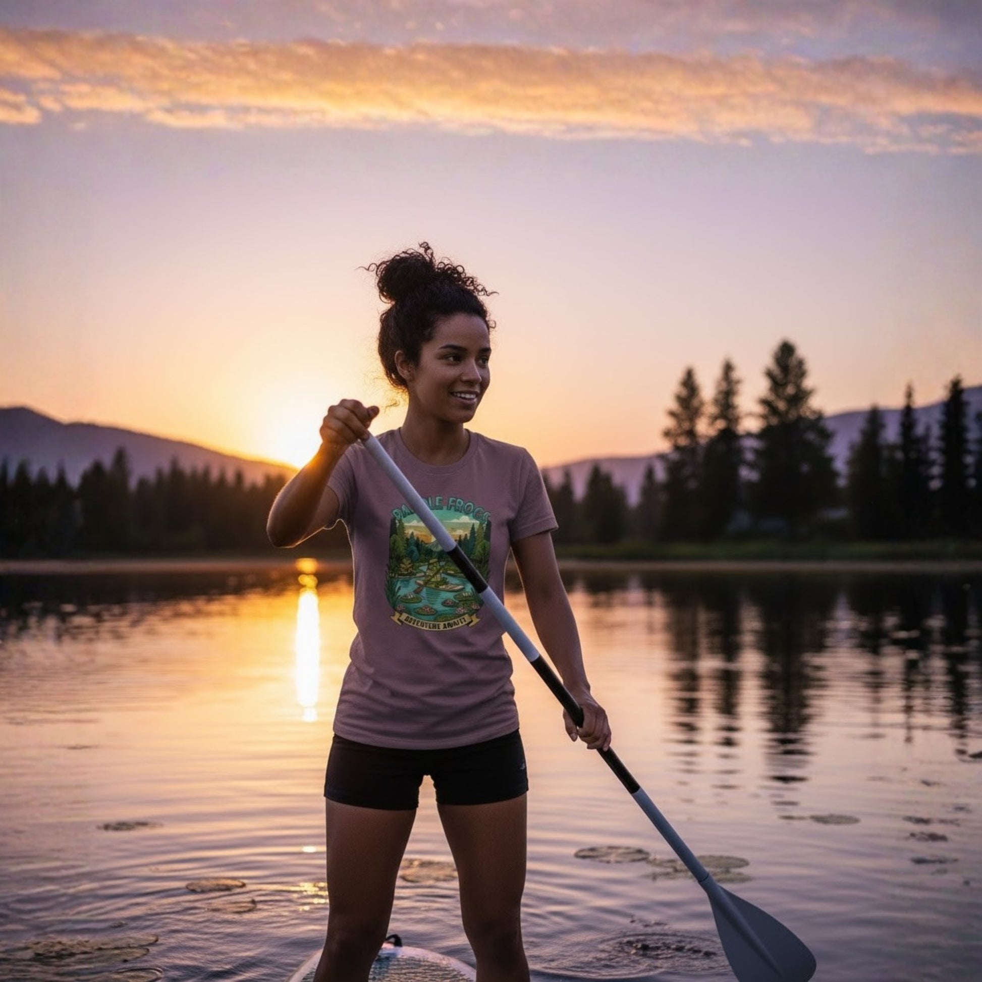 Paragon model on a paddleboard at sunset - Adventure Awaits | Paddle Frogs: T-shirt