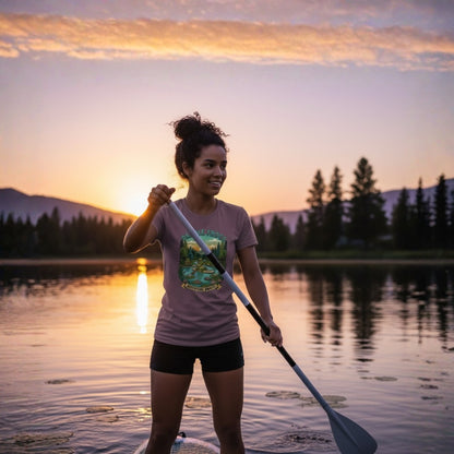 Paragon model on a paddleboard at sunset - Adventure Awaits | Paddle Frogs: T-shirt
