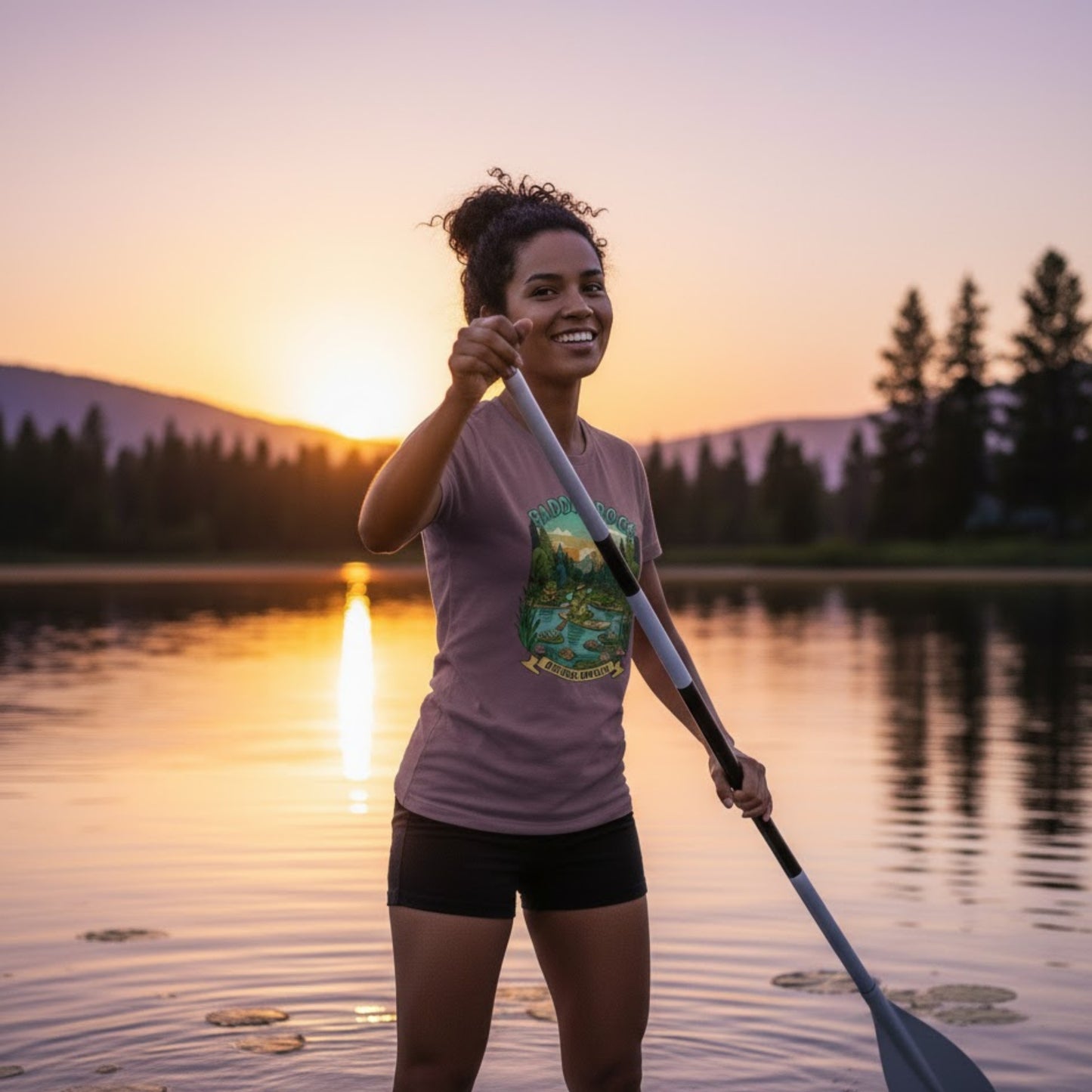 Paragon modeled on a paddleboard at sunset - Adventure Awaits | Paddle Frogs: T-shirt