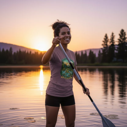 Paragon modeled on a paddleboard at sunset - Adventure Awaits | Paddle Frogs: T-shirt