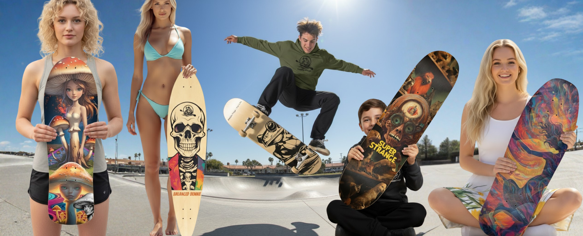 People holding and displaying Paddle Frogs skateboard decks with various shapes and designs