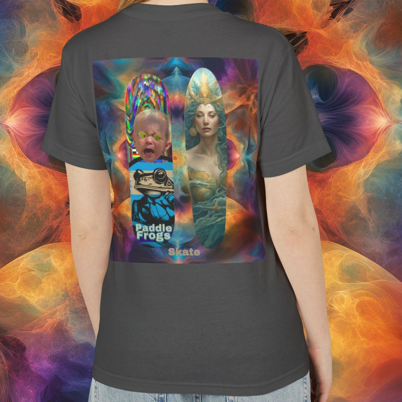 Person wearing a black t-shirt with a colorful design, standing against a vibrant, abstract background. Faded black tee Olive Chaos vs Sea Queen