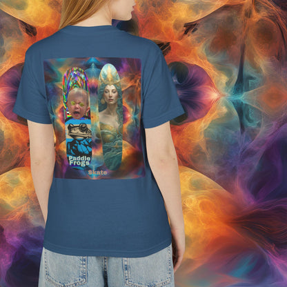 Person wearing a blue t-shirt with a colorful graphic design against a vibrant, abstract background. Person wearing a blue t-shirt with a graphic design in front of a colorful abstract background Faded Navy Blue Olive Chaos vs Sea Queen T-shirt | Paddle Frogs Skater and paddle boarder shirt