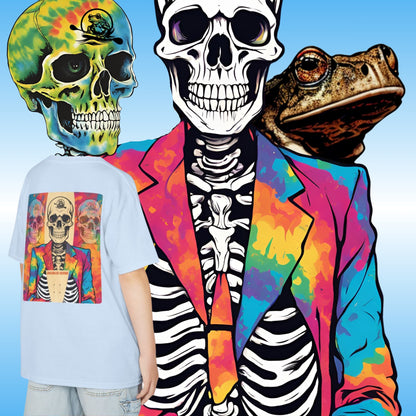 Person wearing a colorful Balanced Bennie skeleton T-Shirt with a skull, frog, and tie-dye elements on a blue background.