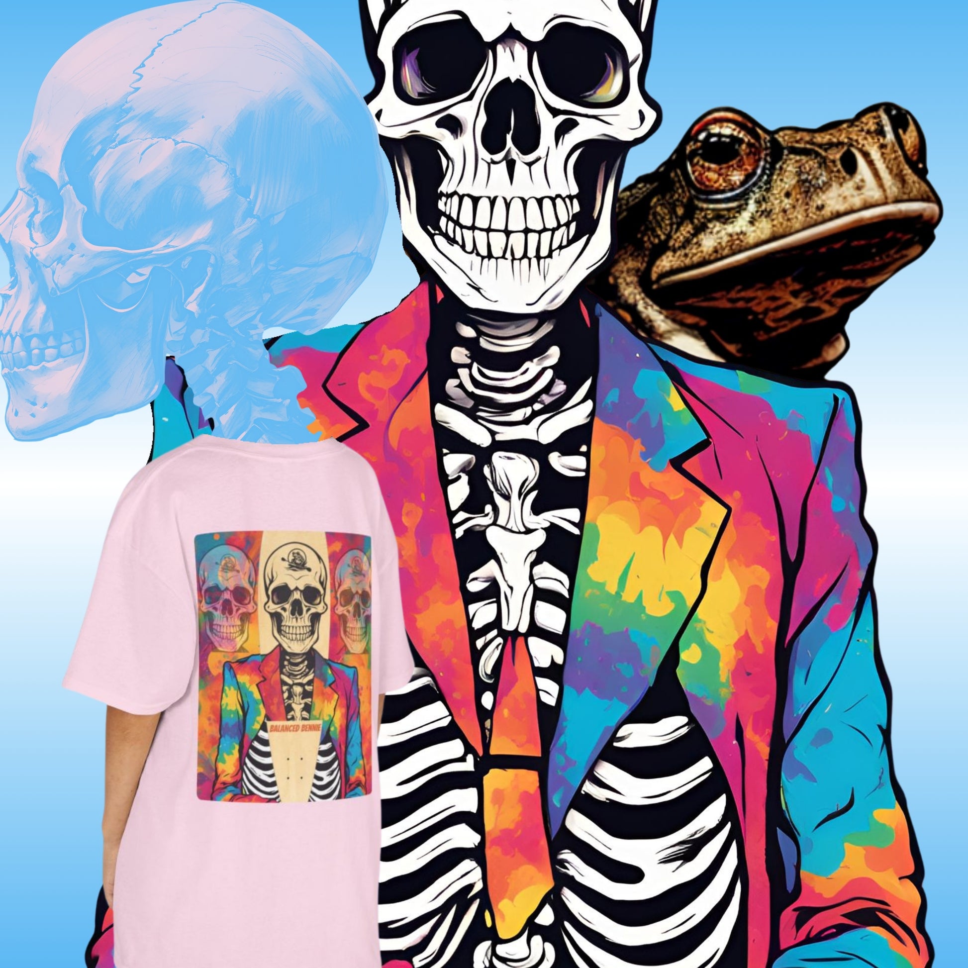 Person wearing a colorful Balanced Bennie skeleton outfit with a shirt featuring a similar design, against a blue background. Paddle Frogs