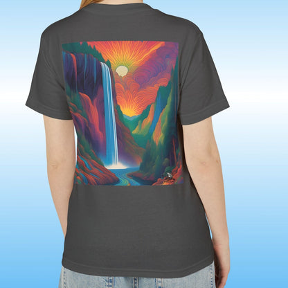 Person wearing a dark gray or faded black t-shirt with a colorful waterfall mountain Pop Art design on the back against a blue background | by Paddle Frogs Outdoor Gear