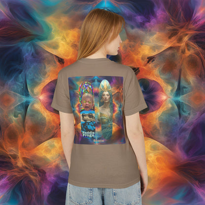 Person wearing a t-shirt with a colorful design against a vibrant, abstract background Person wearing a t-shirt with 'Paddle Frogs' design against a colorful abstract background Olive Chaos vs Sea Queen Faded Brown t-shirt with a colorful graphic on the back against a blue gradient background