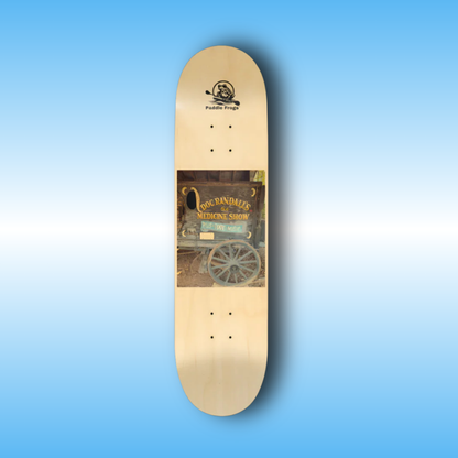 Pills Tonic Music | Skateboard deck with a vintage circus design on a blue background | Doc Randall's ol' Medicine Show