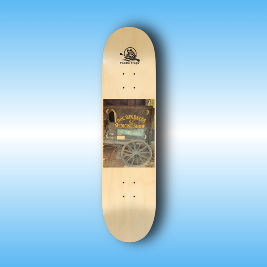 Pills Tonic Music | Skateboard deck with a vintage circus design on a blue background | Doc Randall's ol' Medicine Show