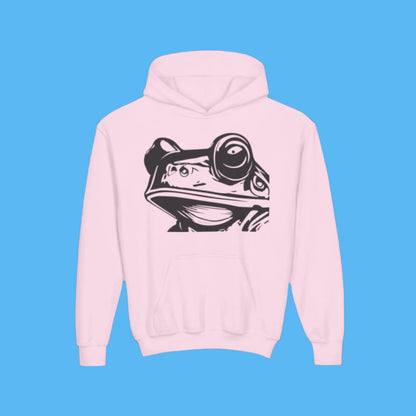 Pink kids hoodie with a black Paddle Frogs frog face graphic on a youth hooded jacket with kangaroo pockets