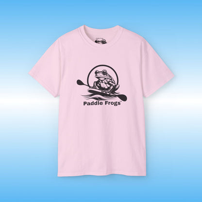 Pink t-shirt with 'Paddle Frogs' logo on a blue background