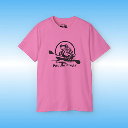 Pink t-shirt with 'Paddle Frogs' logo on a blue background